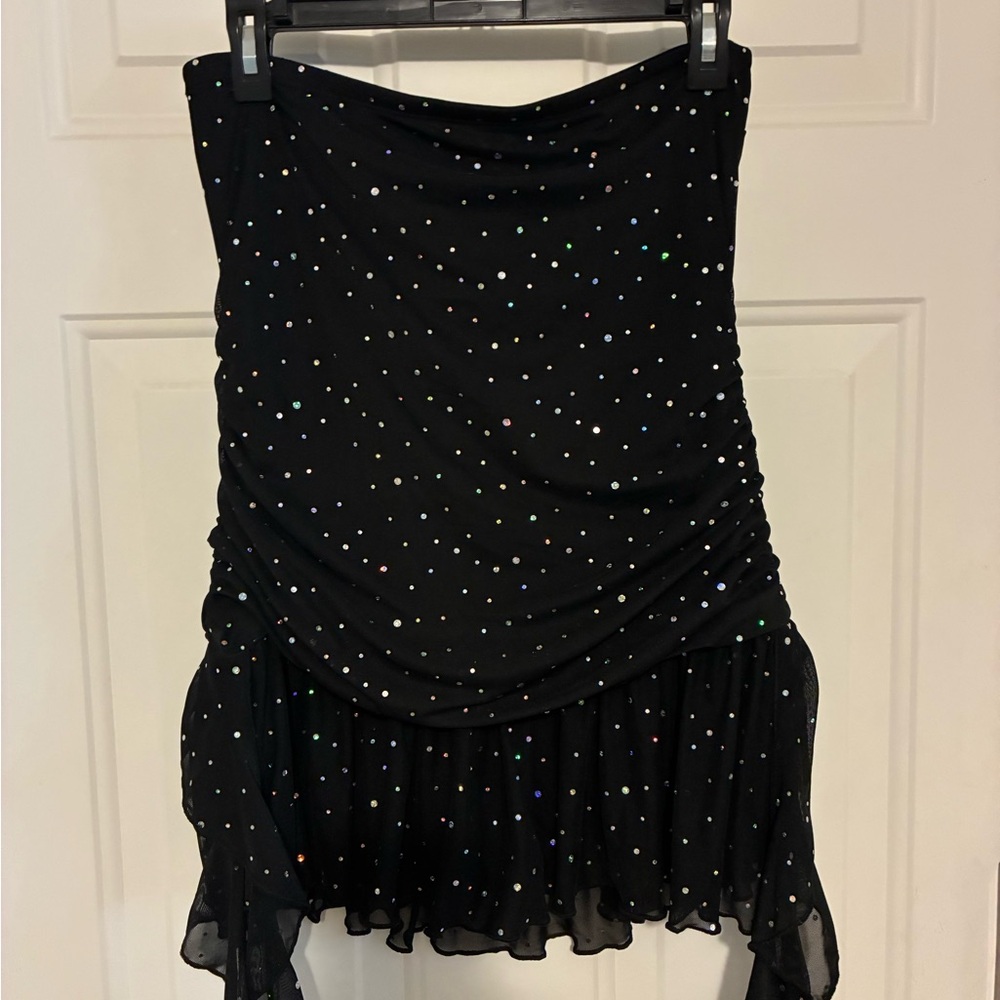 SHEIN Black Strapless Rhinestone Mini Dress with Draped Ties